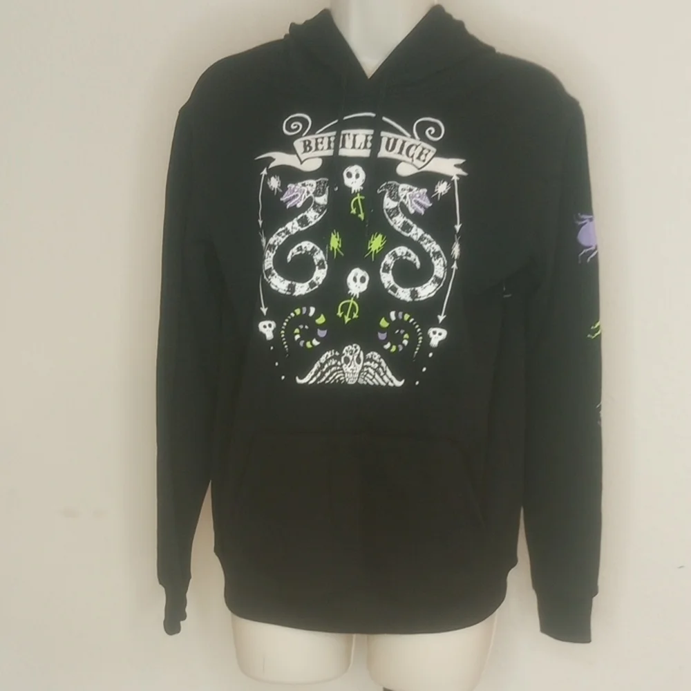 BEETLEJUICE Black Hoodie Sweater with Ornate Design Longsleeve Sz XXS (00) Unisx